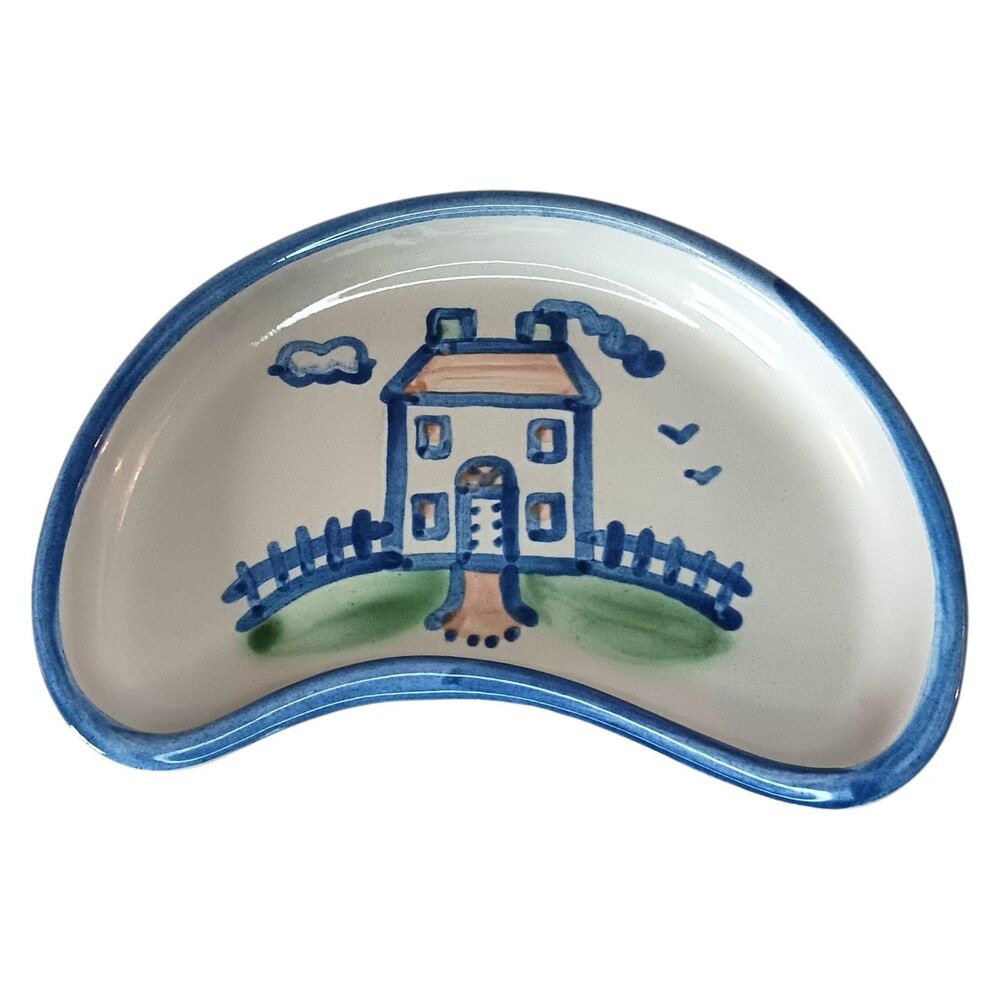 Vintage M.A. Hadley Pottery Art Crescent Kidney Shaped Dish With Home Or House